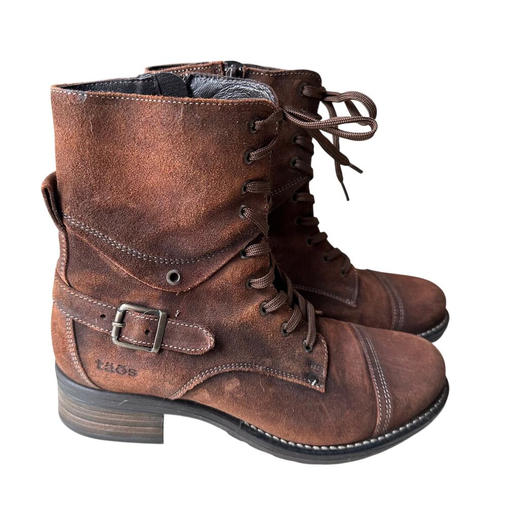 Taos Women's Crave Brown Suede Zip up Tie Boots Size 41 10.5 Buckle